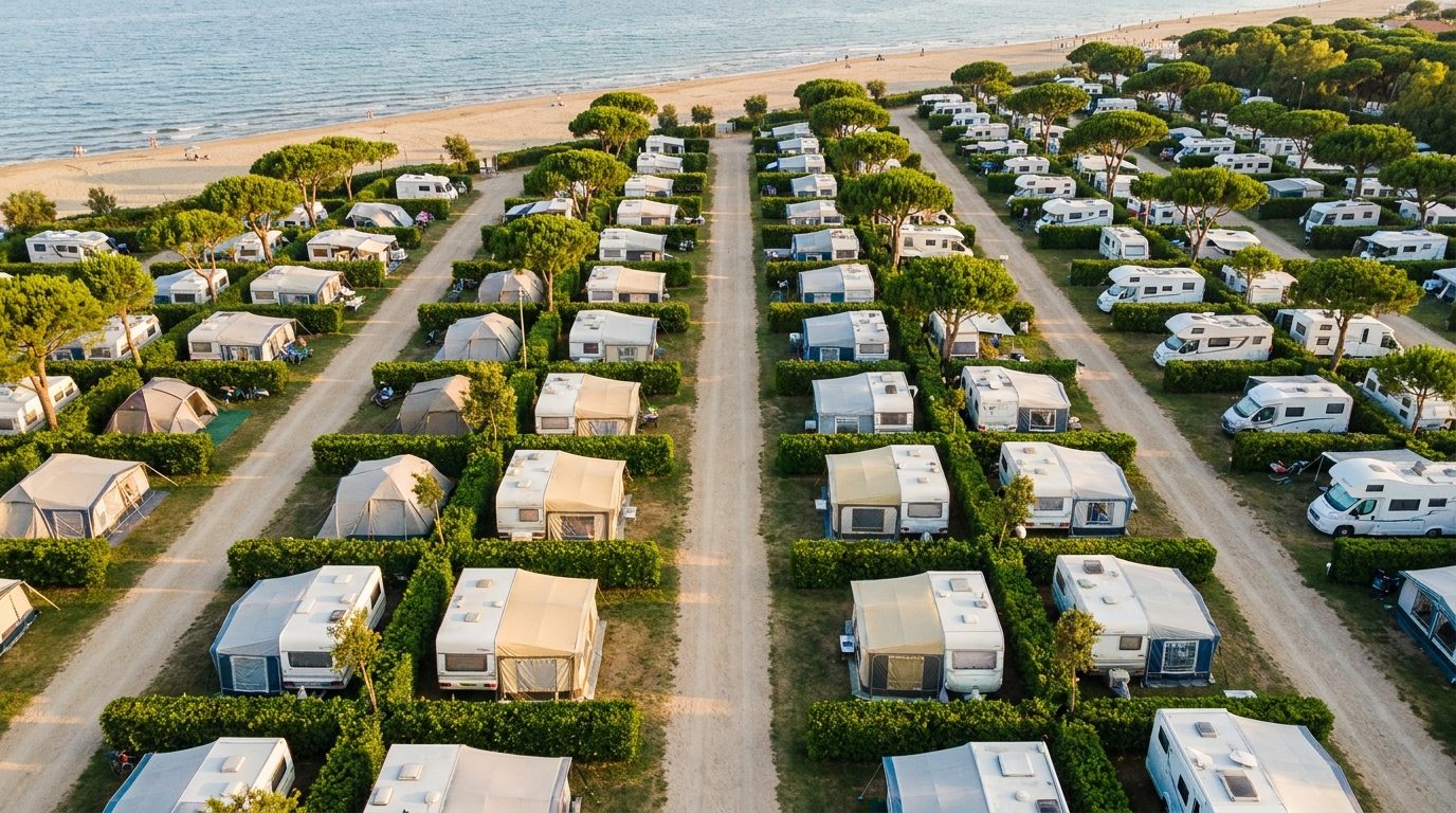 A fully booked campground in high season seen from above: neat rows of hedged pitches with tents, caravans and motorhomes, clear lanes and the beach in the background.
