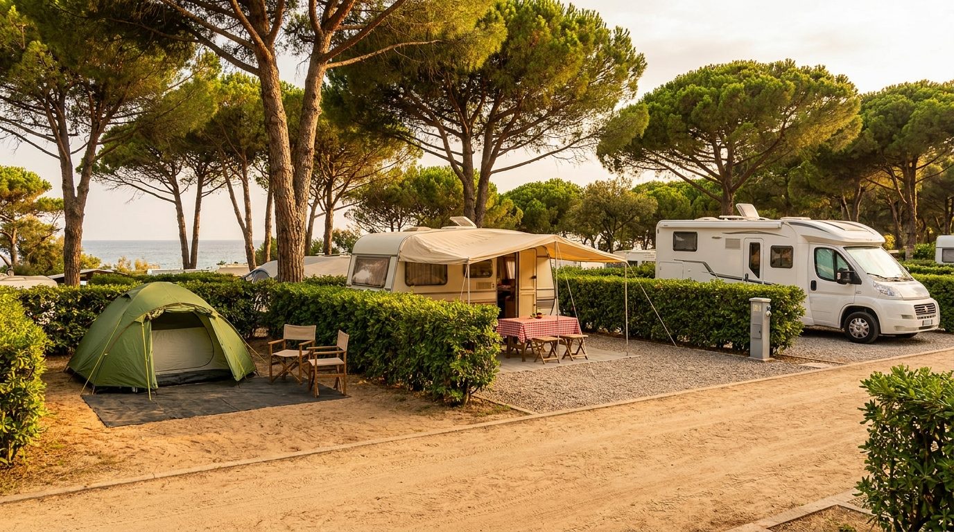 Three pitches side by side in a pine-shaded campground: a tent on grass, a caravan with an awning and a laid table, a motorhome on gravel with an electric pillar, each separated by a hedge.